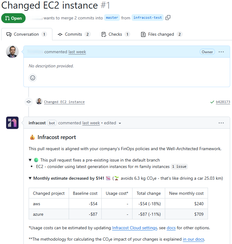 Pull Request that updates a Terraform file. Infracost calculated the impact of this change on cloud costs and carbon emissions.